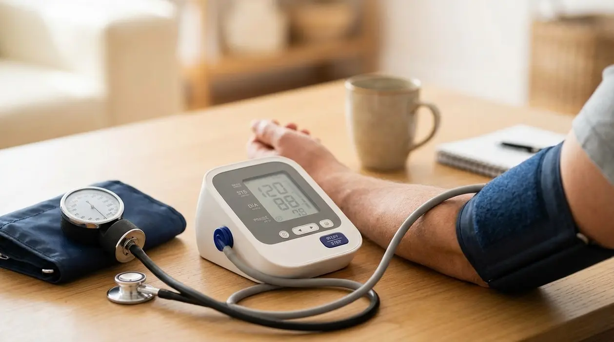 Misurazione della pressione arteriosa a casa con sfigmomanometro e bracciale sul braccio di una persona