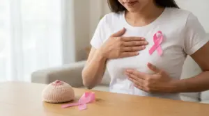 Donna con nastro rosa sul petto mentre esegue un controllo del seno, simbolo di prevenzione del tumore al seno