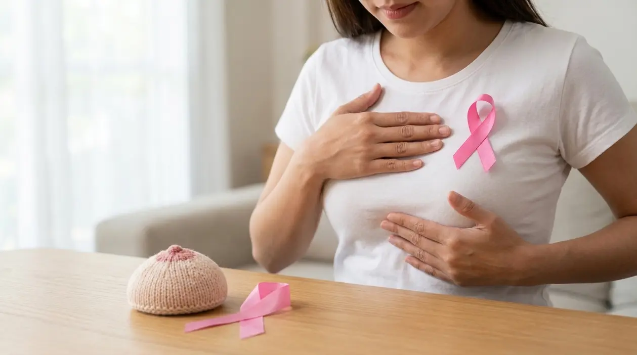 Donna con nastro rosa sul petto mentre esegue un controllo del seno, simbolo di prevenzione del tumore al seno