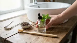 Flacone con soluzione naturale alla menta accanto a spazzolino e chiodi di garofano in bagno