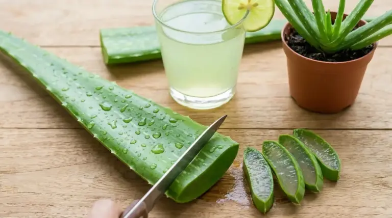 Foglia di aloe vera tagliata su tavolo in legno con gel visibile, bevanda e pianta in vaso