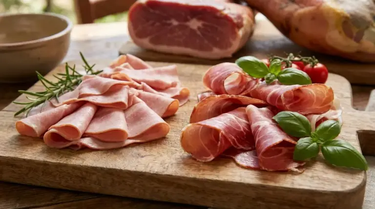 Fette di prosciutto cotto e prosciutto crudo su tagliere di legno con basilico e rosmarino