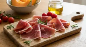 Fette di prosciutto crudo su tagliere con rosmarino, pomodorini, melone e olio d'oliva