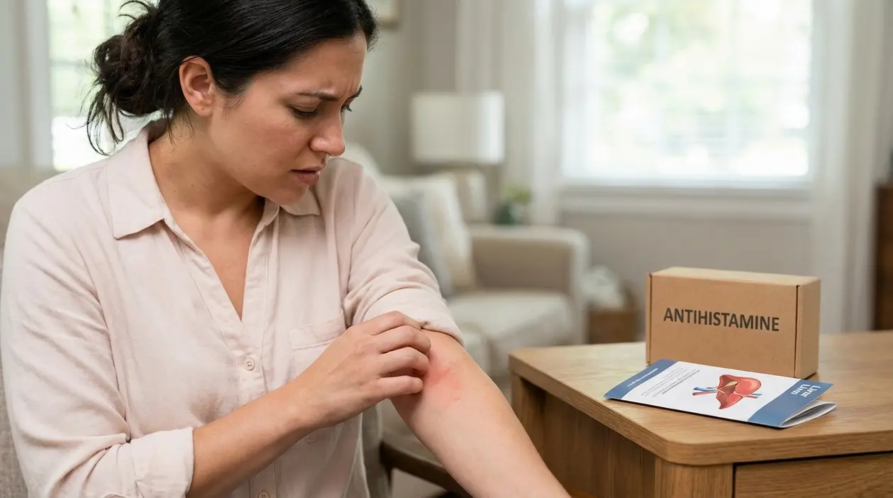 Donna che si gratta il braccio con arrossamento cutaneo, possibile segnale di prurito associato a problemi al fegato