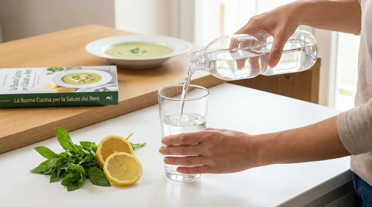 Persona versa acqua in un bicchiere accanto a limone e menta, in un contesto legato alla salute dei reni
