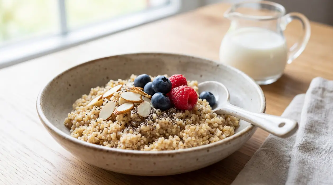 Ciotola di quinoa con frutti di bosco, mandorle e semi su tavolo in legno, con bricco di latte sullo sfondo