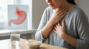 Donna con bruciore alla gola e al petto seduta a tavola, simbolo del reflusso gastroesofageo