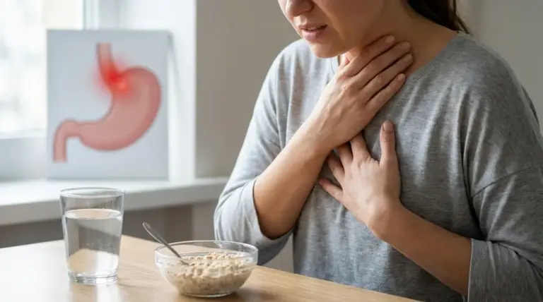 Donna con bruciore alla gola e al petto seduta a tavola, simbolo del reflusso gastroesofageo