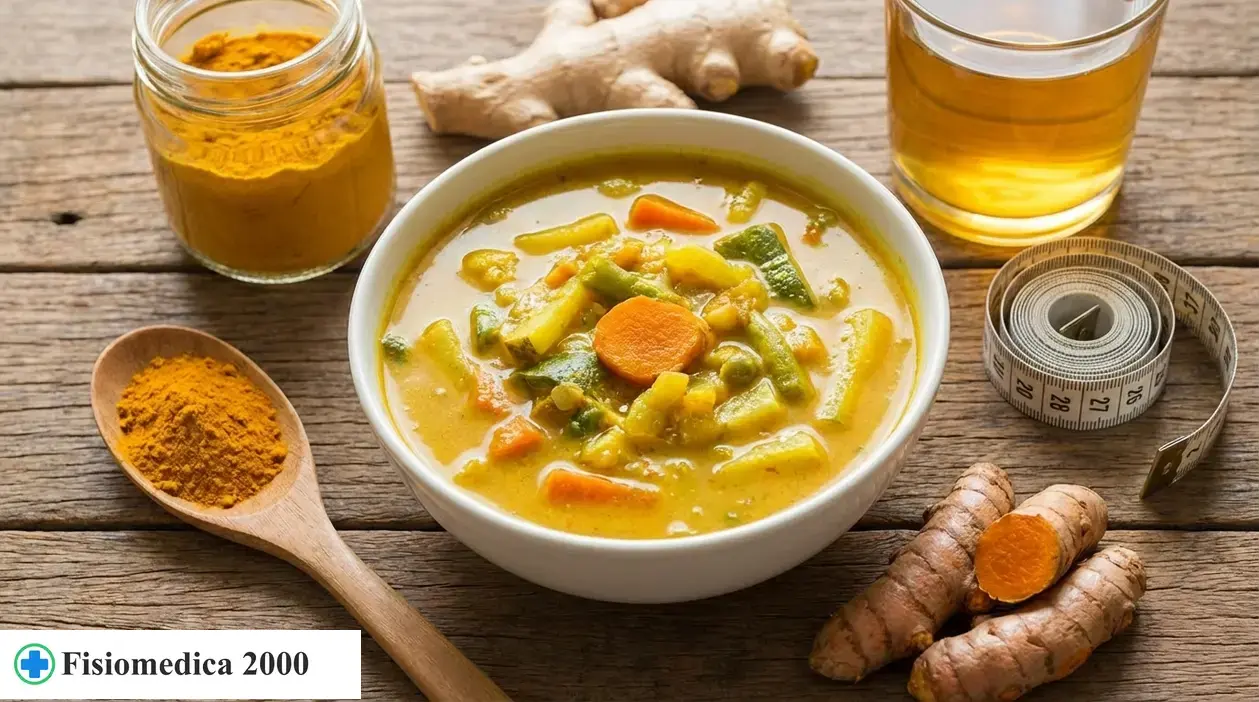 Zuppa di verdure alla curcuma con radice fresca, barattolo di curcuma, tisana e metro da sarta su tavolo rustico