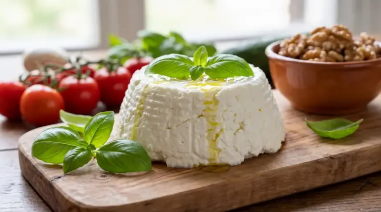 Ricotta fresca con basilico su tagliere, accanto a pomodori e noci