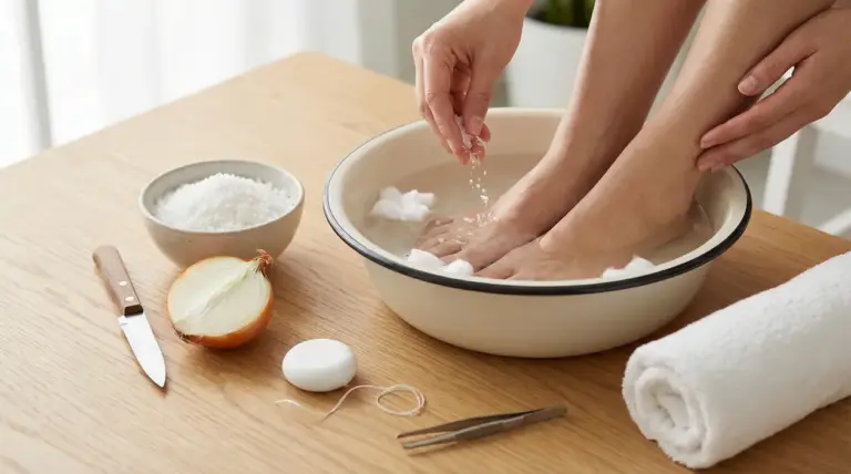 Pediluvio con sale in una bacinella, con asciugamano e strumenti per la cura delle unghie sul tavolo