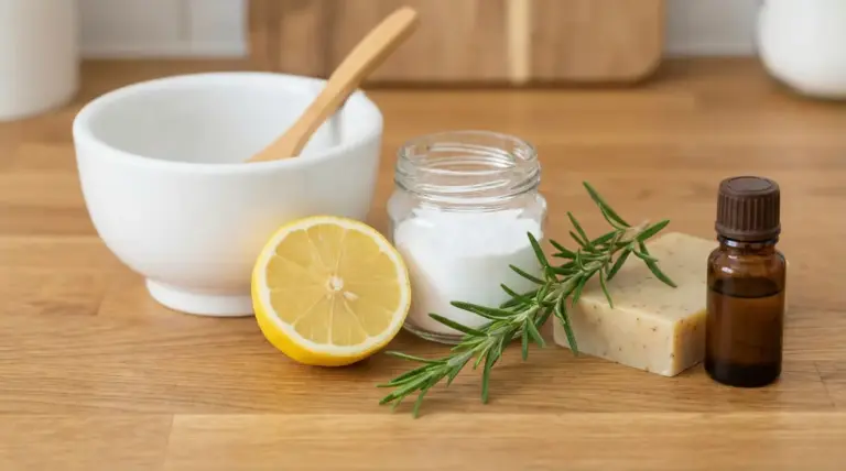 Ingredienti naturali per rimedi contro il cattivo odore corporeo: limone, bicarbonato, sapone, rosmarino e olio essenziale