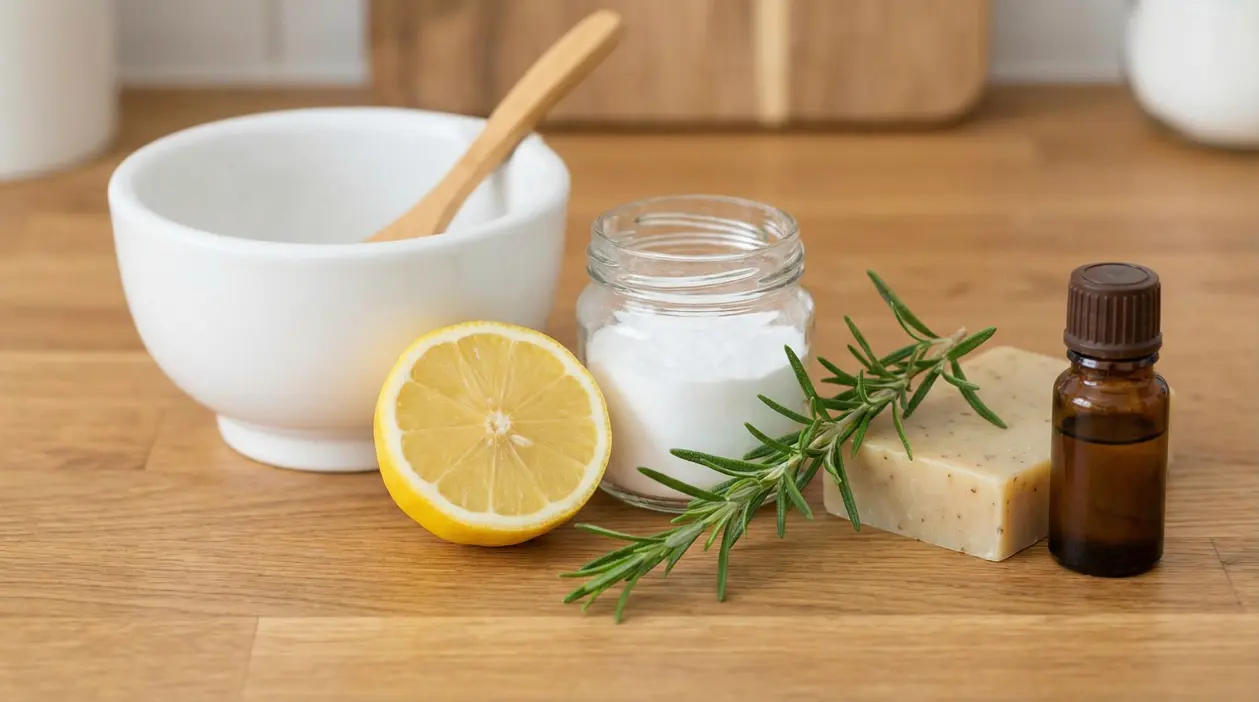 Ingredienti naturali per rimedi contro il cattivo odore corporeo: limone, bicarbonato, sapone, rosmarino e olio essenziale