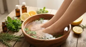 Pediluvio casalingo con erbe aromatiche e agrumi per alleviare gambe e piedi gonfi