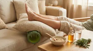 Persona con gambe sollevate su cuscini sul divano, con rullo massaggiante e rimedi naturali sul tavolo