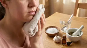 Persona con dolore alla guancia tiene un panno sul viso accanto a sale, aglio ed erbe come rimedi casalinghi