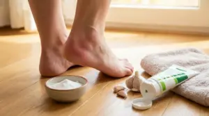 Piedi e tallone arrossato vicino a sale, aglio, crema e asciugamano, rimedi casalinghi per borsite