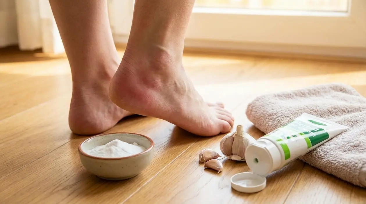 Piedi e tallone arrossato vicino a sale, aglio, crema e asciugamano, rimedi casalinghi per borsite