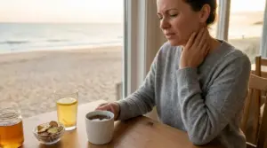 Donna con mal di gola mentre beve una tisana con miele e zenzero per alleviare le tonsille gonfie