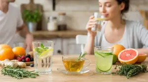Bevande a base d’acqua con limone, erbe e agrumi su un tavolo, con una persona che beve in cucina