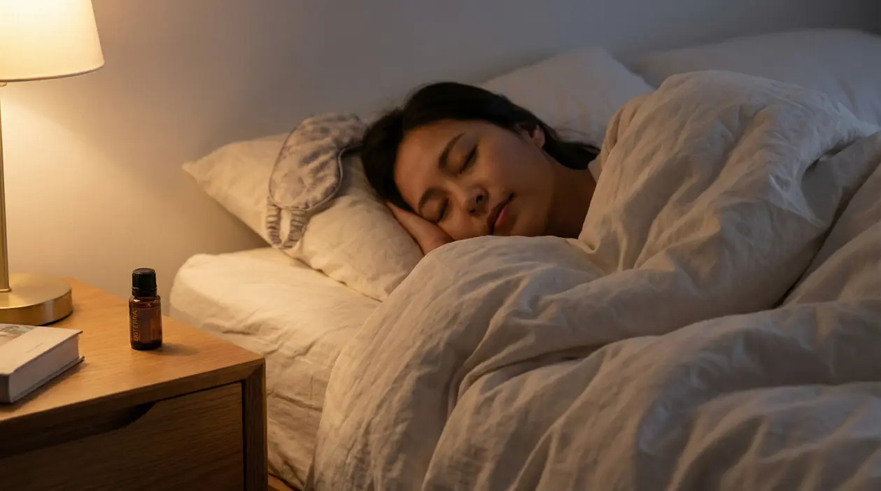 Persona che dorme serenamente nel letto con luce soffusa e boccetta di olio essenziale sul comodino