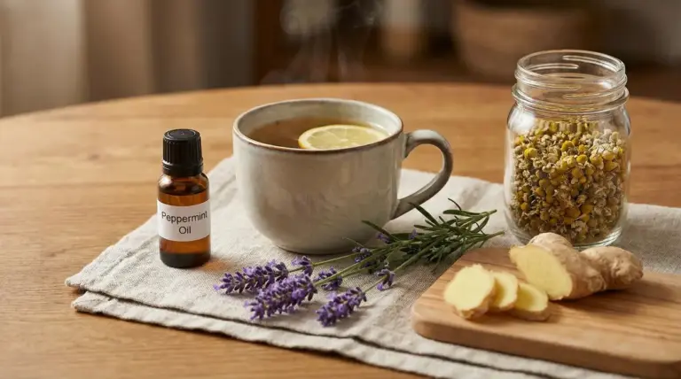 Tisana calda con limone, olio essenziale di menta, camomilla secca, lavanda e zenzero su un tavolo di legno