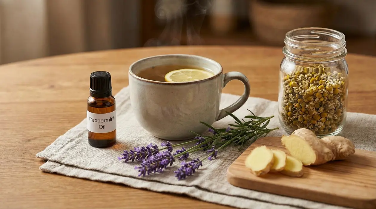 Tisana calda con limone, olio essenziale di menta, camomilla secca, lavanda e zenzero su un tavolo di legno