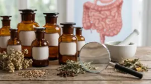 Flaconi di rimedi erboristici con erbe essiccate e schema dell’intestino sullo sfondo
