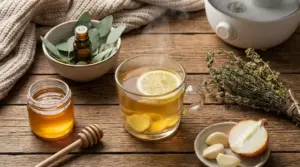 Tisana con limone e zenzero, miele e rimedi naturali su tavolo di legno per sciogliere muco e catarro