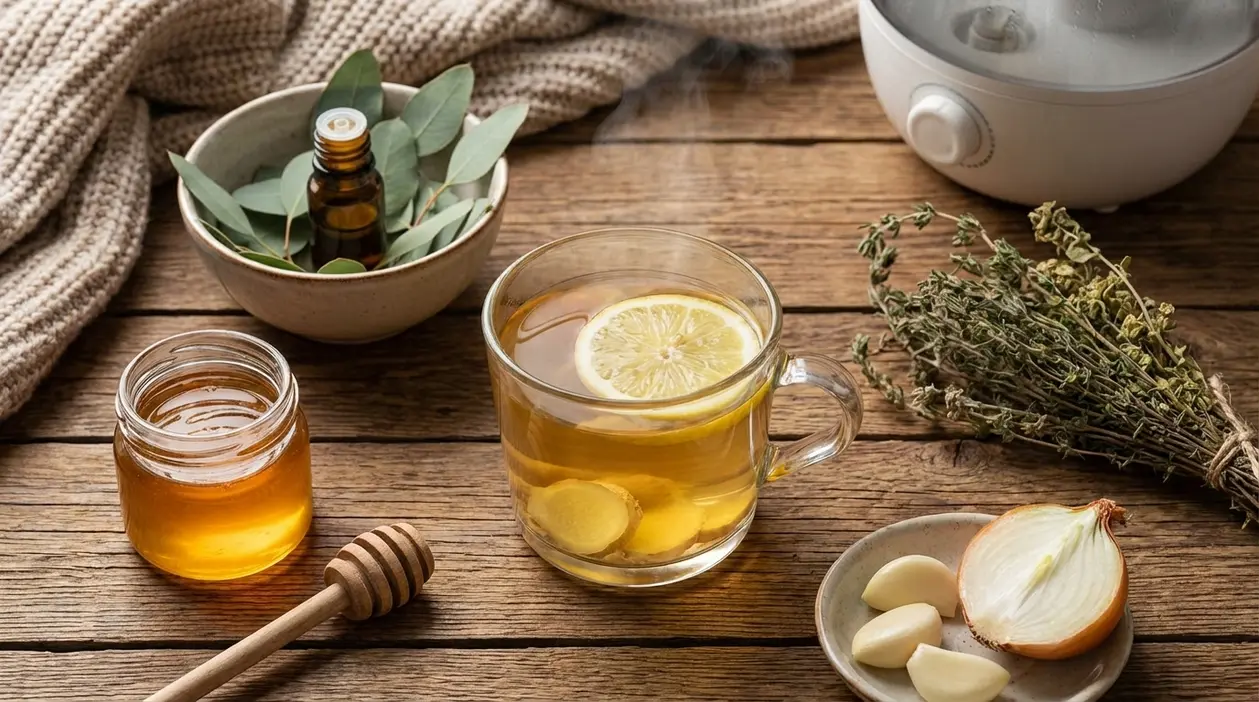Tisana con limone e zenzero, miele e rimedi naturali su tavolo di legno per sciogliere muco e catarro