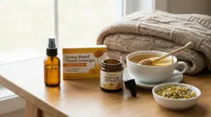 Tazza di tisana calda con miele e limone, propoli, pastiglie e camomilla su un tavolo accanto a una coperta