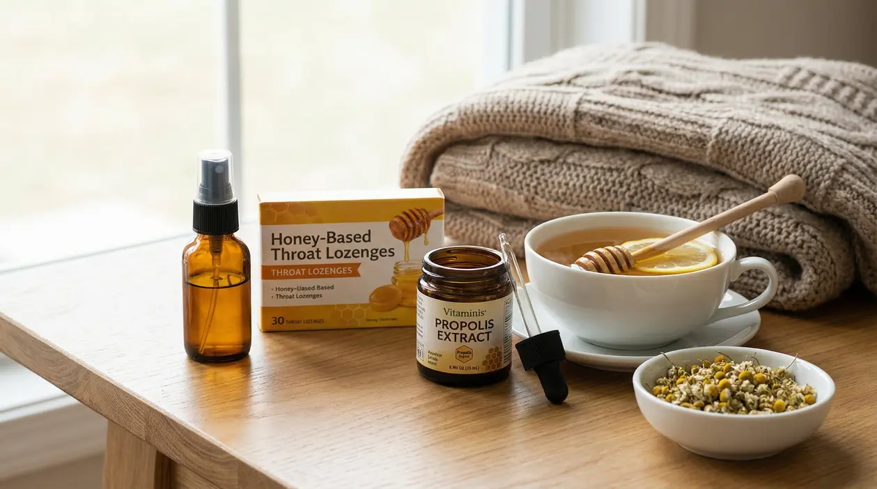 Tazza di tisana calda con miele e limone, propoli, pastiglie e camomilla su un tavolo accanto a una coperta