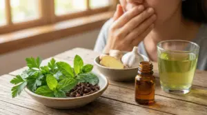 Persona con mano davanti alla bocca e rimedi naturali su un tavolo: menta, prezzemolo, chiodi di garofano, zenzero e aglio