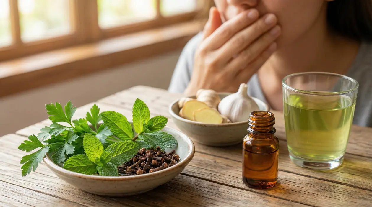 Persona con mano davanti alla bocca e rimedi naturali su un tavolo: menta, prezzemolo, chiodi di garofano, zenzero e aglio