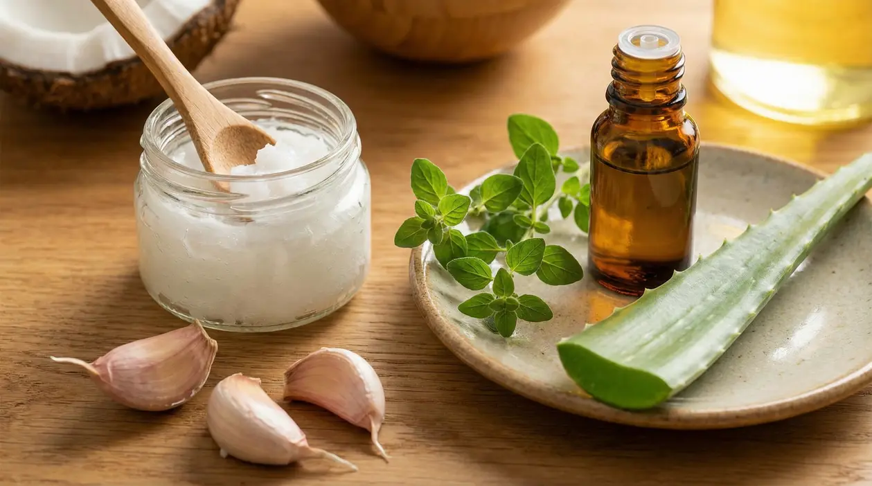 Ingredienti naturali su tavolo: olio di cocco, spicchi d’aglio, aloe vera, erbe e flacone di olio essenziale
