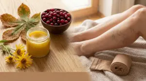 Gambe con vene visibili, barattolo di crema naturale e bacche rosse su tavolo, con benda elastica