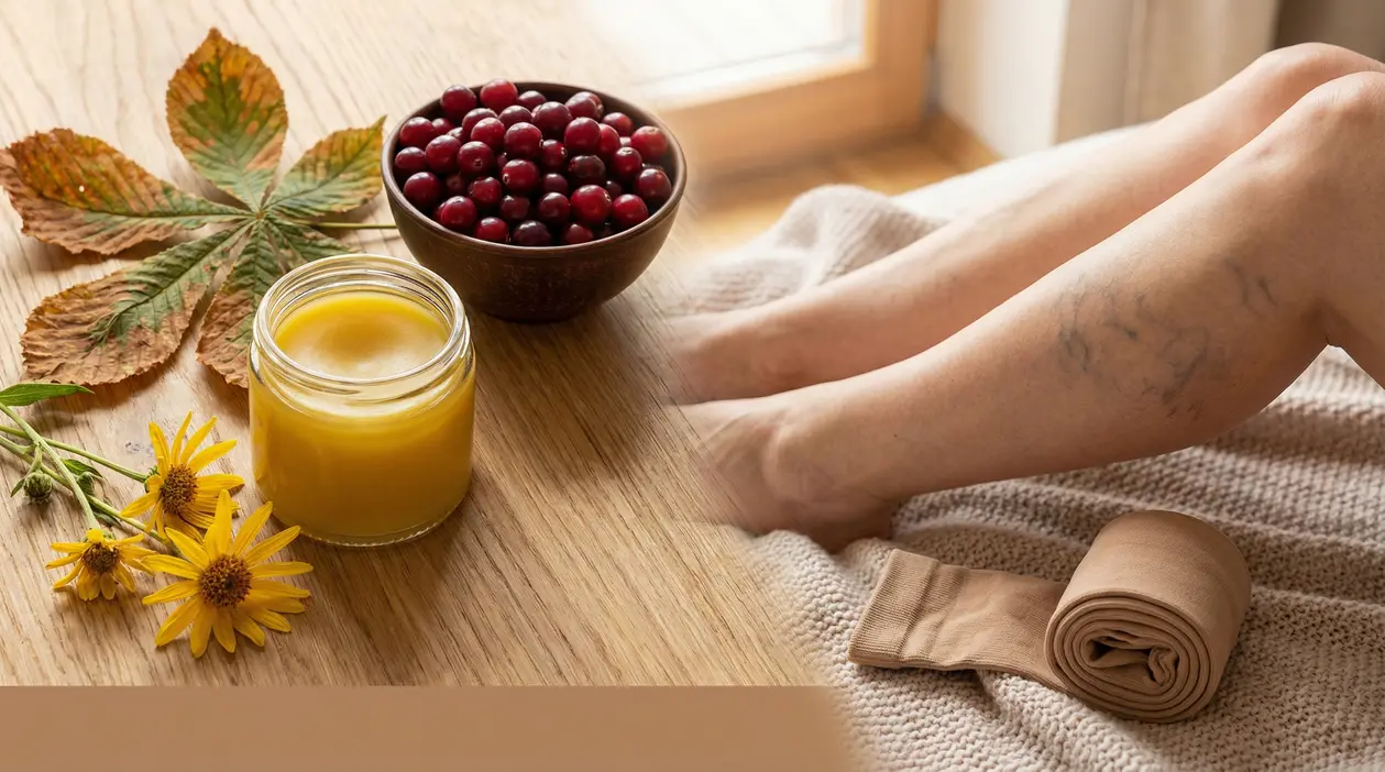 Gambe con vene visibili, barattolo di crema naturale e bacche rosse su tavolo, con benda elastica