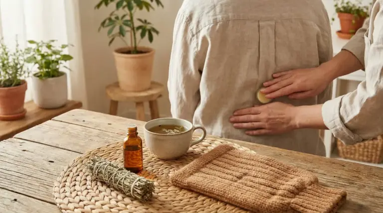 Persona con dolore lombare mentre riceve un massaggio con olio; sul tavolo tisana e rimedi naturali
