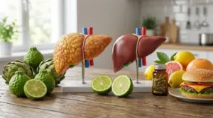 Modelli di fegato sano e grasso affiancati con agrumi, carciofi, integratori e hamburger su un tavolo