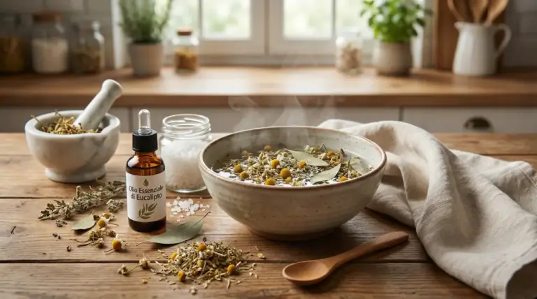 Ciotola fumante con infuso di camomilla ed erbe, olio essenziale di eucalipto e sale su tavolo da cucina