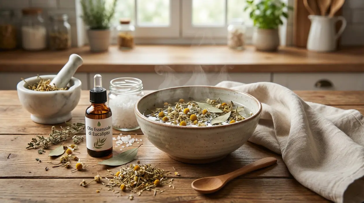Ciotola fumante con infuso di camomilla ed erbe, olio essenziale di eucalipto e sale su tavolo da cucina