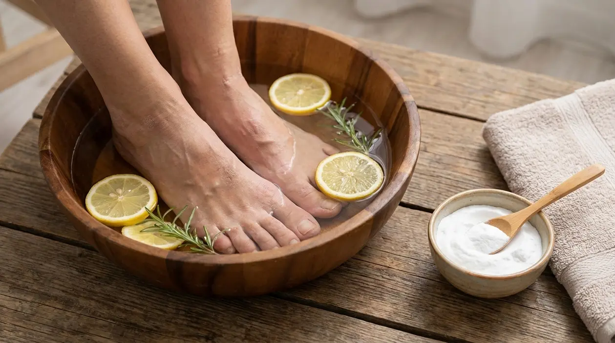 Piedi in ammollo in una bacinella con limone e rosmarino, rimedio casalingo per calli e funghi ai piedi