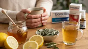 Persona con tazza calda accanto a miele, limone e salvia per un rimedio casalingo contro mal di gola e tonsillite