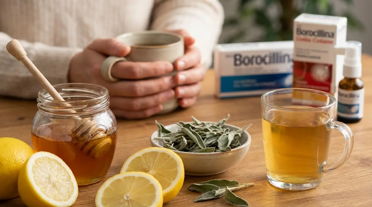 Persona con tazza calda accanto a miele, limone e salvia per un rimedio casalingo contro mal di gola e tonsillite