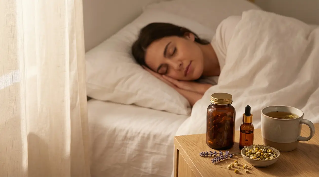 Donna che dorme serenamente con tisana e rimedi naturali sul comodino accanto al letto