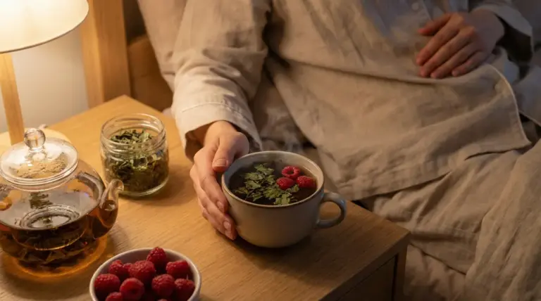 Persona a letto con una tisana calda con erbe e lamponi sul comodino, ideale come rimedio naturale serale