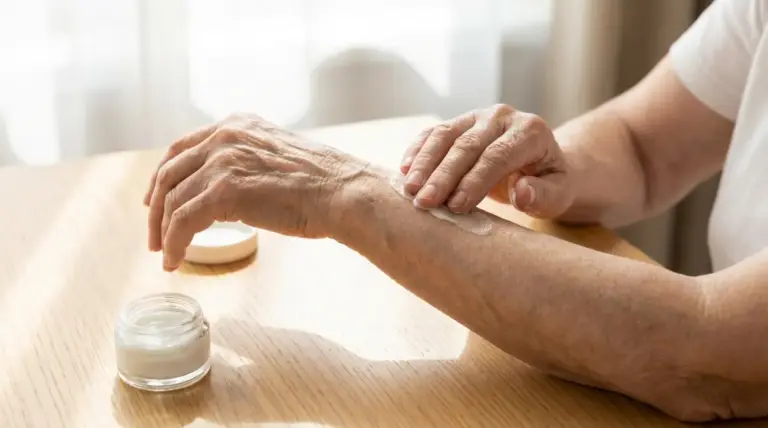 Persona anziana applica una crema idratante sull’avambraccio per rinforzare la pelle fragile dopo i 60 anni