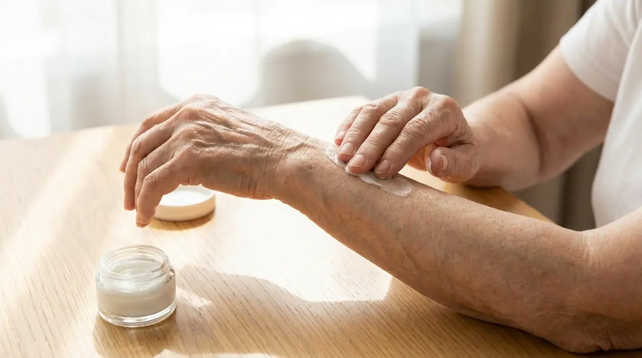Persona anziana applica una crema idratante sull’avambraccio per rinforzare la pelle fragile dopo i 60 anni