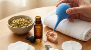 Strumenti per rimuovere il cerume: peretta in gomma, olio con contagocce, dischetti di cotone e asciugamano