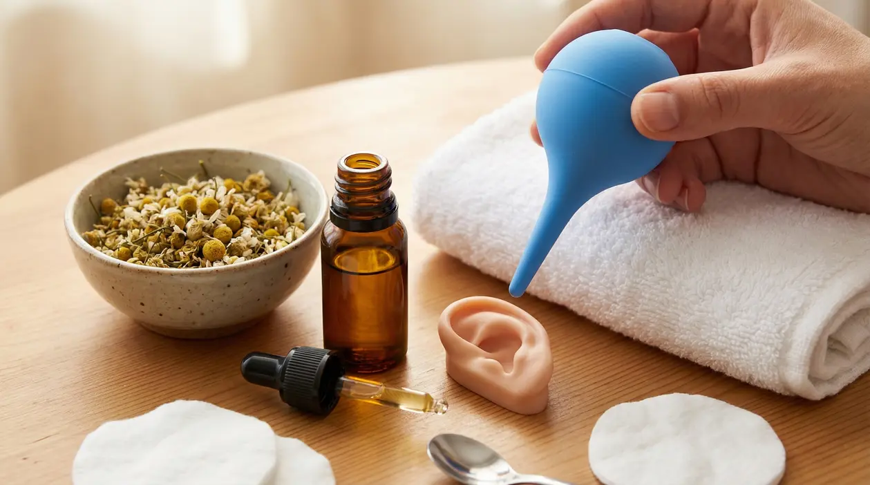 Strumenti per rimuovere il cerume: peretta in gomma, olio con contagocce, dischetti di cotone e asciugamano